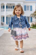 ⁦1 دستة × طقم بيبي فستان مع حزام وجاكيت جينز وشنطة⁩ - الصورة ⁦2⁩