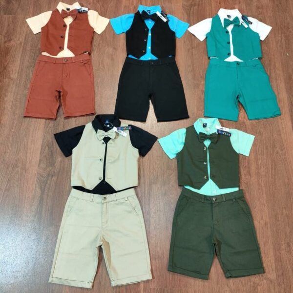 طقم أطفال 4 قطع تصدير (شميز + شورت + فيست + بابيون) – 36 قطعة