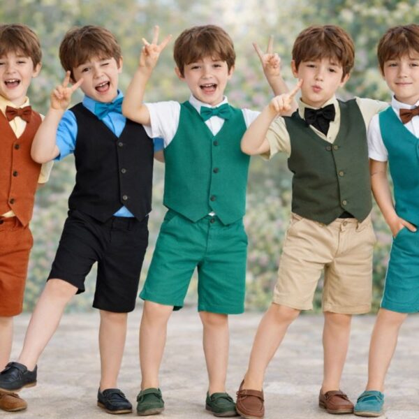 طقم أطفال 4 قطع تصدير (شميز + شورت + فيست + بابيون) – 36 قطعة